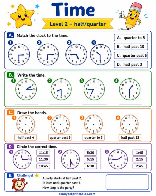 Telling Time Half and Quarter Past Worksheet — printable Telling Time math worksheet