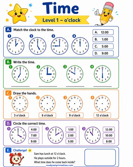 Telling Time O'clock Worksheet — printable Telling Time math worksheet