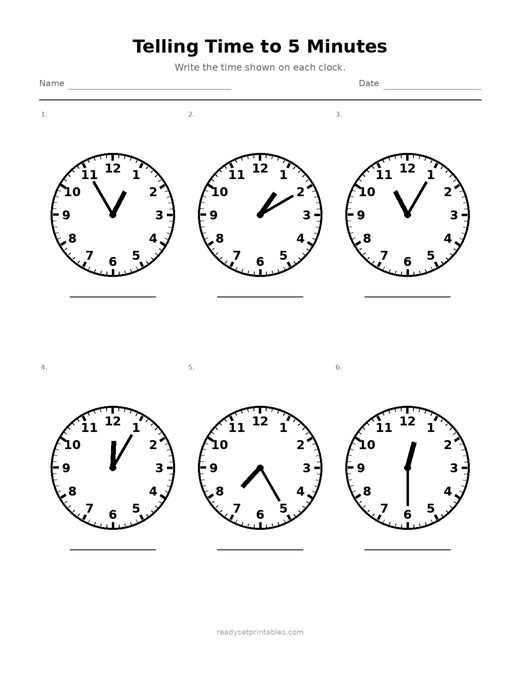 Telling Time to 5 Minutes Worksheets