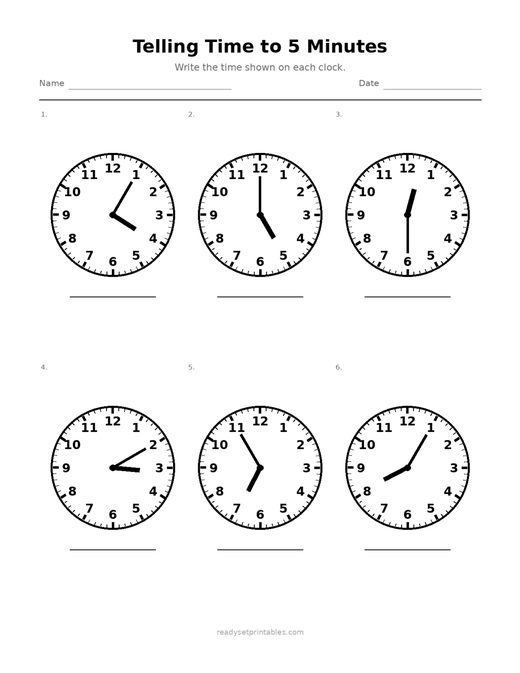 Telling Time to 5 Minutes 02 — printable Telling Time math worksheet
