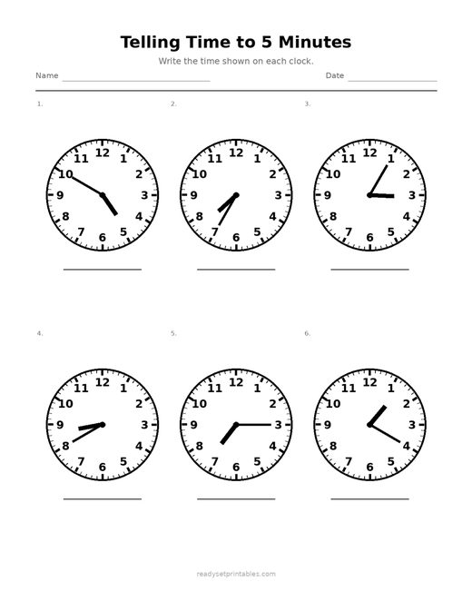Telling Time to 5 Minutes 03 — printable Telling Time math worksheet
