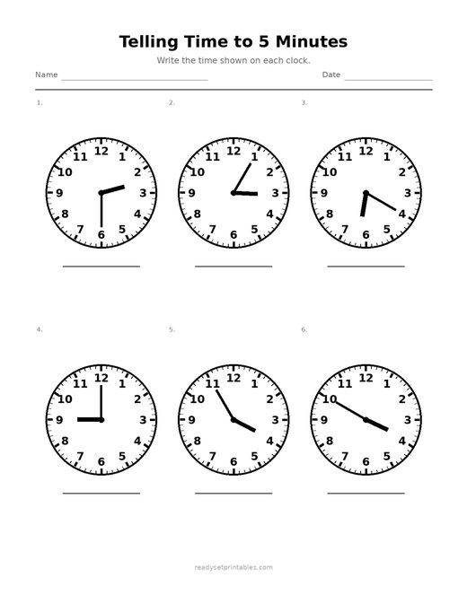 Telling Time to 5 Minutes 04 — printable Telling Time math worksheet