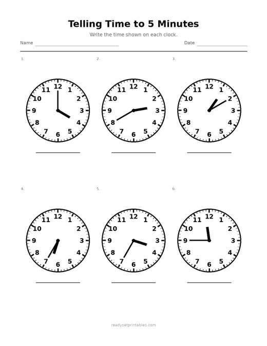 Telling Time to 5 Minutes 05 — printable Telling Time math worksheet