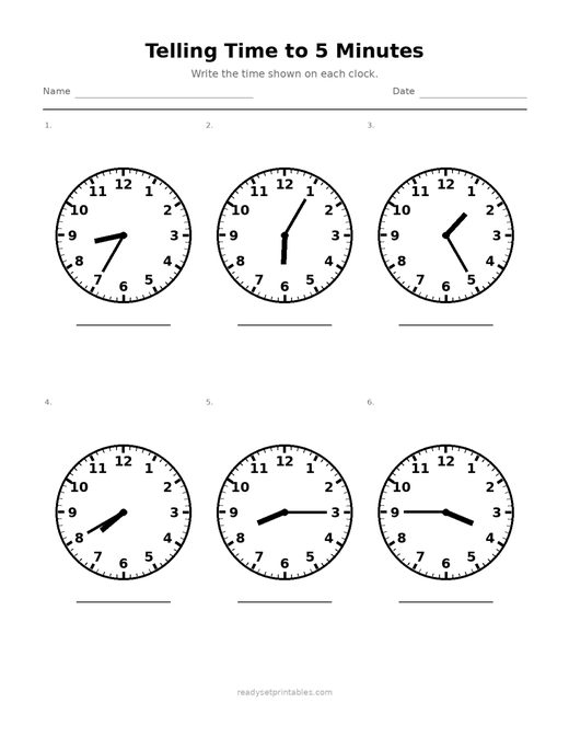 Telling Time to 5 Minutes 06 — printable Telling Time math worksheet