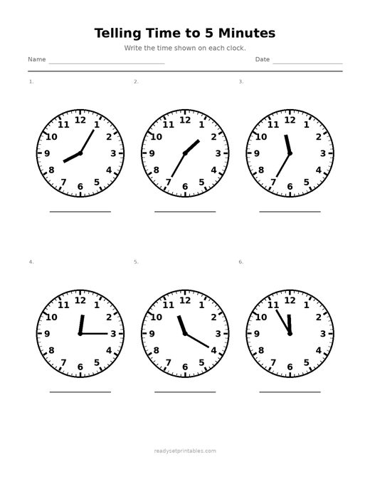 Telling Time to 5 Minutes 07 — printable Telling Time math worksheet