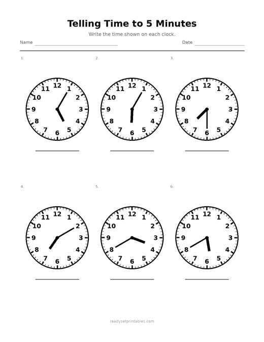 Telling Time to 5 Minutes 08 — printable Telling Time math worksheet