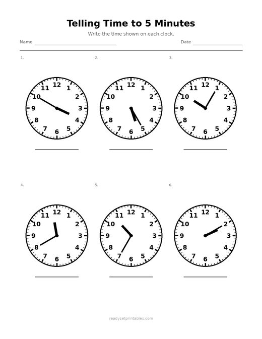 Telling Time to 5 Minutes 09 — printable Telling Time math worksheet