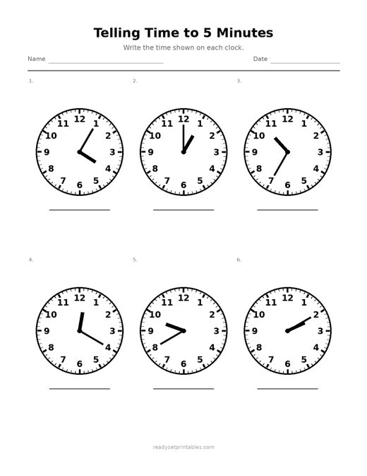 Telling Time to 5 Minutes 10 — printable Telling Time math worksheet