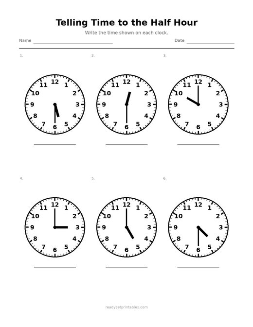 Telling Time to the Half Hour Worksheets