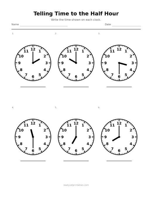 Telling Time to the Half Hour 02 — printable Telling Time math worksheet
