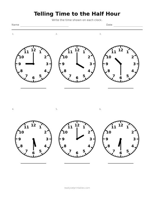 Telling Time to the Half Hour 03 — printable Telling Time math worksheet