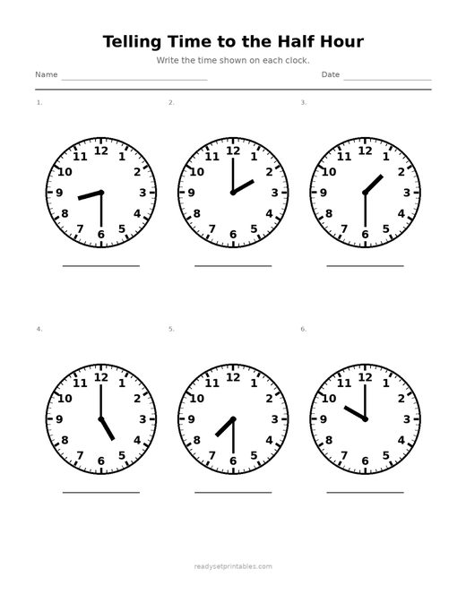 Telling Time to the Half Hour 04 — printable Telling Time math worksheet
