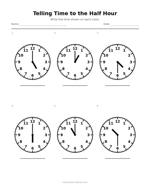 Telling Time to the Half Hour 05 — printable Telling Time math worksheet