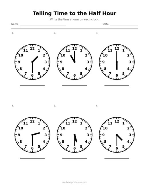 Telling Time to the Half Hour 06 — printable Telling Time math worksheet