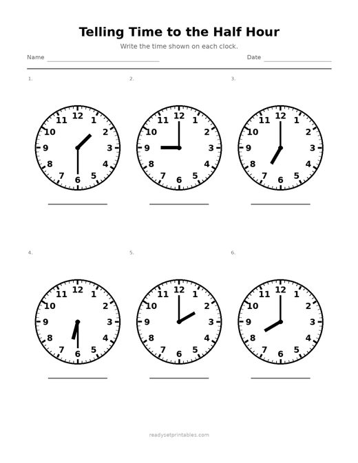 Telling Time to the Half Hour 07 — printable Telling Time math worksheet