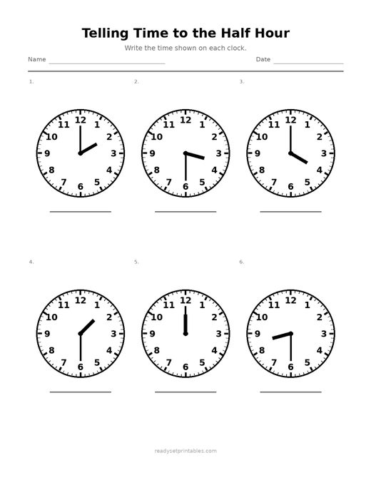 Telling Time to the Half Hour 08 — printable Telling Time math worksheet