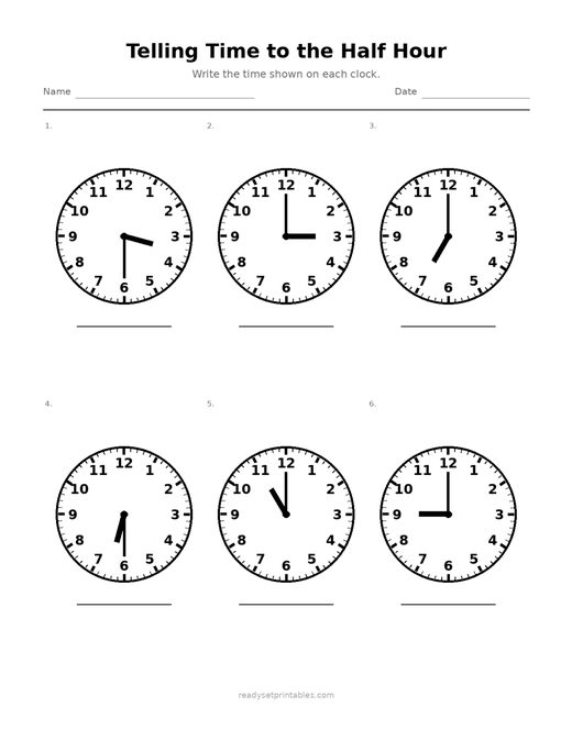 Telling Time to the Half Hour 09 — printable Telling Time math worksheet