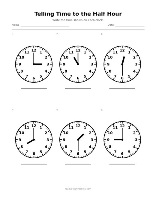 Telling Time to the Half Hour 10 — printable Telling Time math worksheet