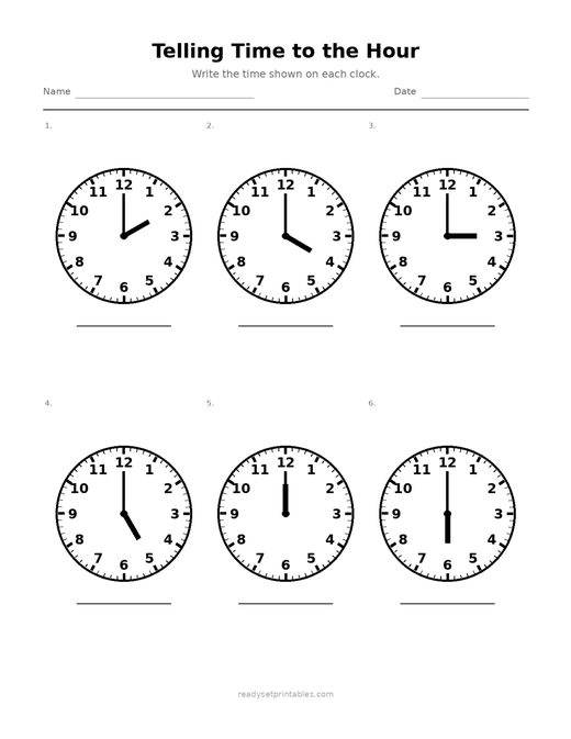 Telling Time to the Hour Worksheets