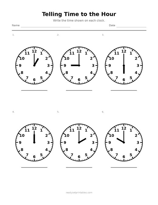 Telling Time to the Hour 02 — printable Telling Time math worksheet