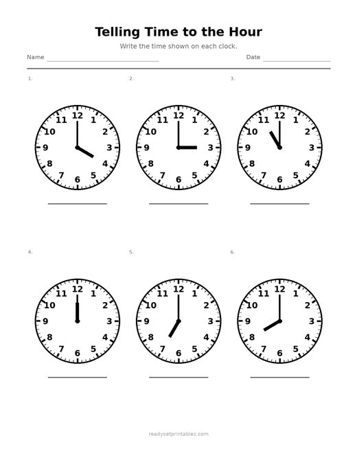Telling Time to the Hour 03 — printable Telling Time math worksheet