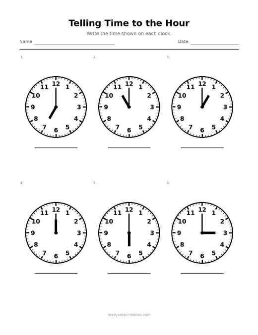 Telling Time to the Hour 04 — printable Telling Time math worksheet