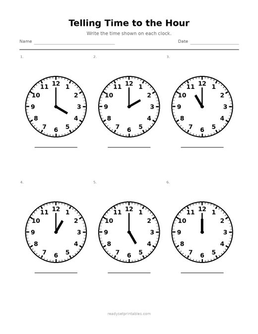 Telling Time to the Hour 05 — printable Telling Time math worksheet