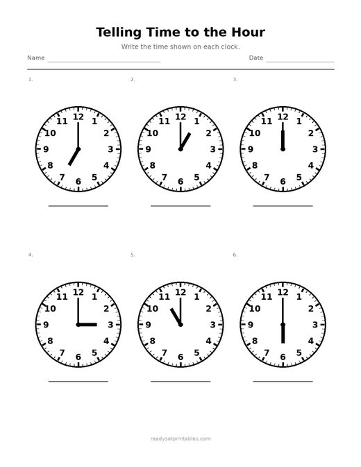 Telling Time to the Hour 06 — printable Telling Time math worksheet