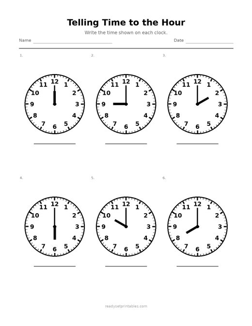 Telling Time to the Hour 07 — printable Telling Time math worksheet