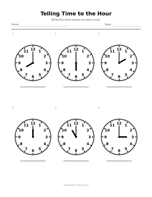 Telling Time to the Hour 08 — printable Telling Time math worksheet