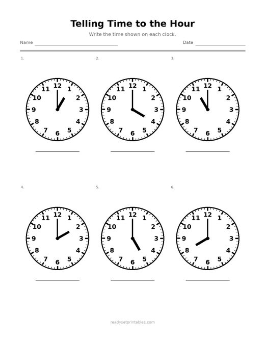 Telling Time to the Hour 09 — printable Telling Time math worksheet