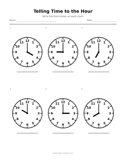 Telling Time to the Hour 10 — printable Telling Time math worksheet