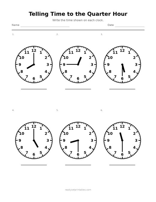 Telling Time to the Quarter Hour Worksheets