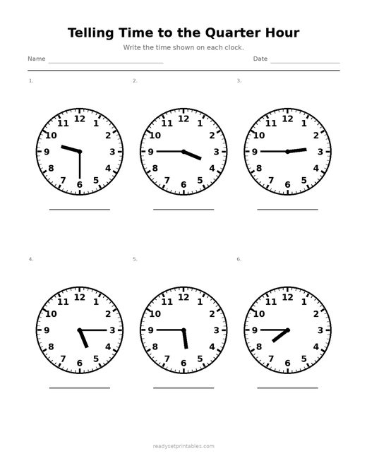 Telling Time to the Quarter Hour 02 — printable Telling Time math worksheet