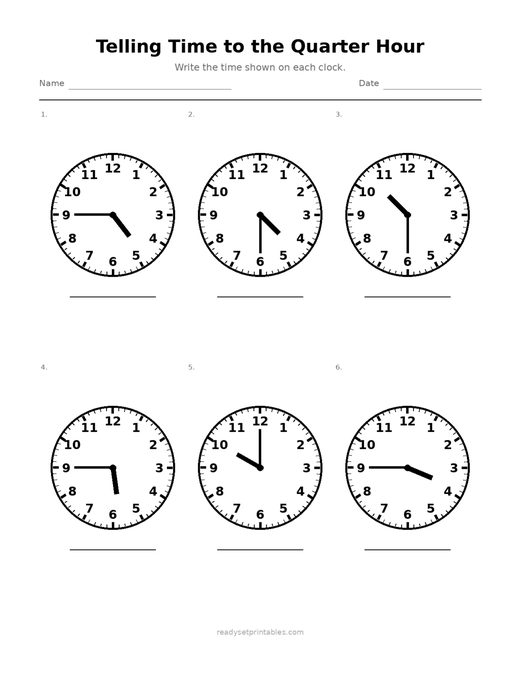 Telling Time to the Quarter Hour 03 — printable Telling Time math worksheet