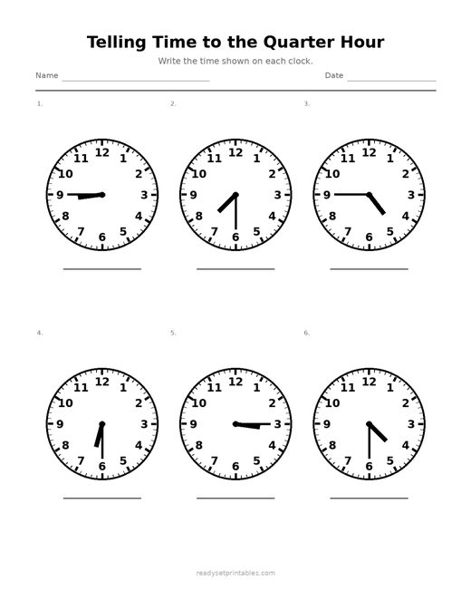 Telling Time to the Quarter Hour 04 — printable Telling Time math worksheet