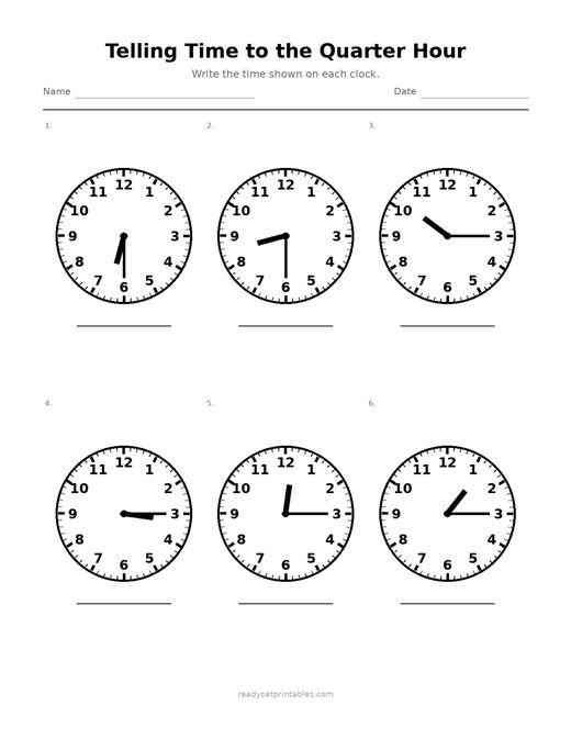 Telling Time to the Quarter Hour 05 — printable Telling Time math worksheet