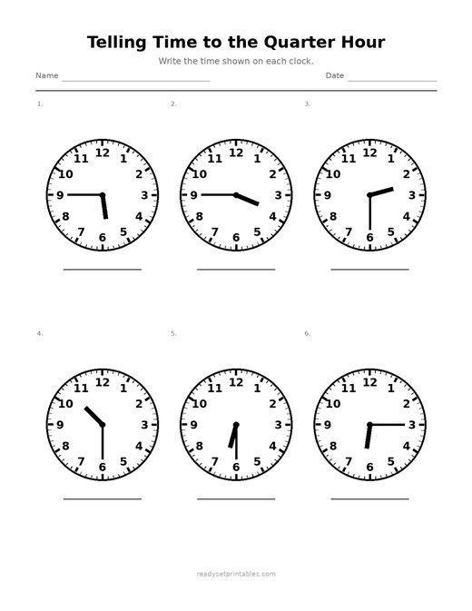 Telling Time to the Quarter Hour 06 — printable Telling Time math worksheet