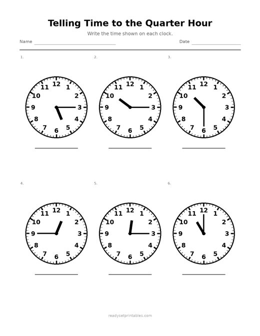Telling Time to the Quarter Hour 07 — printable Telling Time math worksheet