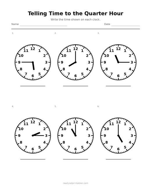 Telling Time to the Quarter Hour 08 — printable Telling Time math worksheet