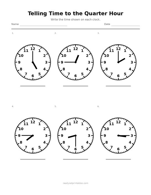 Telling Time to the Quarter Hour 09 — printable Telling Time math worksheet