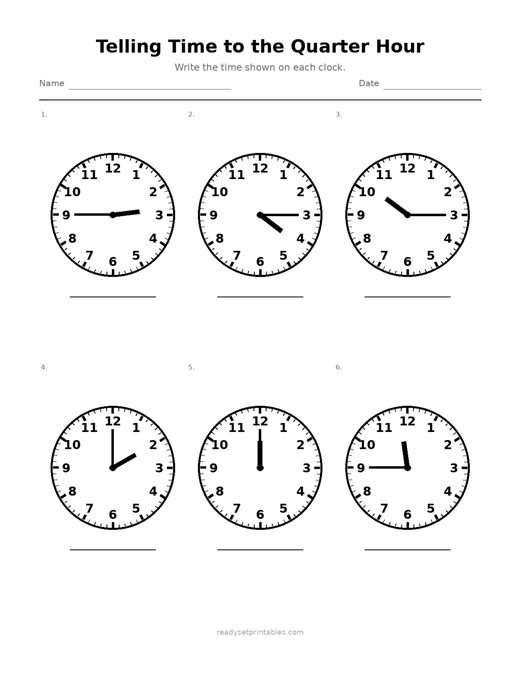 Telling Time to the Quarter Hour 10 — printable Telling Time math worksheet