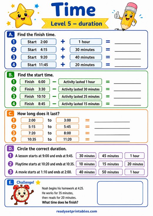 Time Duration Worksheet — printable Telling Time math worksheet