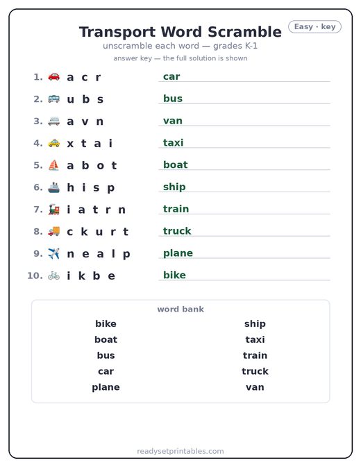 Transport word scramble puzzle, easy answer key — free printable