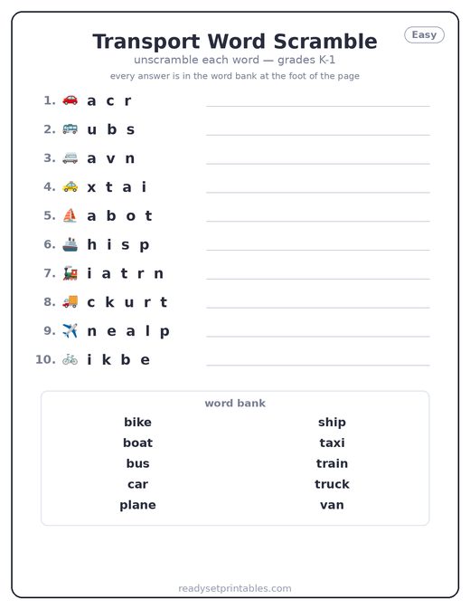 Transport Word Scrambles
