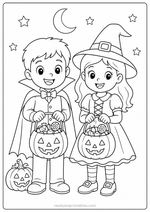 trick or treaters coloring page — free printable coloring sheet for kids