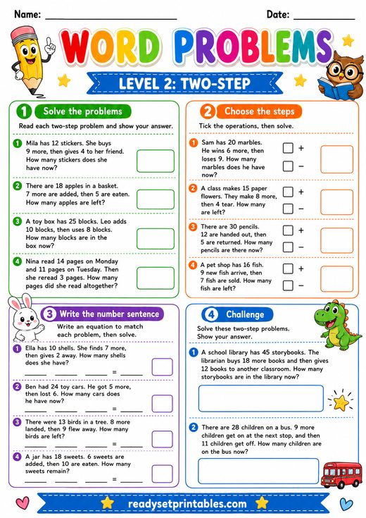Two Step Word Problems Worksheet — printable Word Problems math worksheet