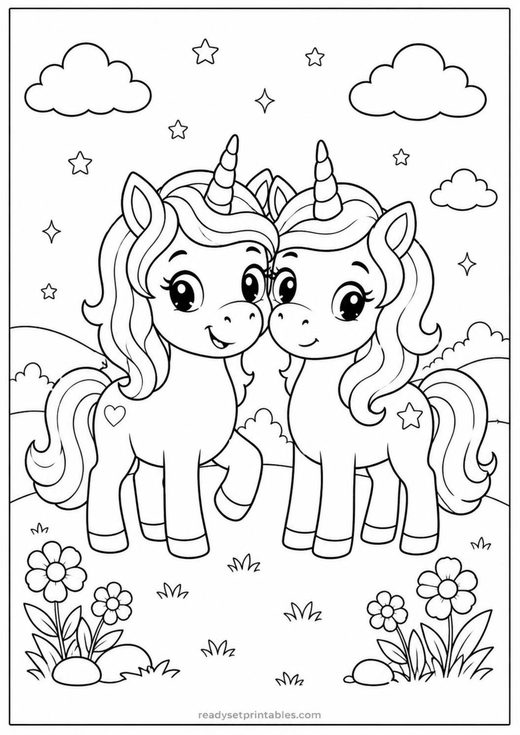two unicorns coloring page — free printable coloring sheet for kids