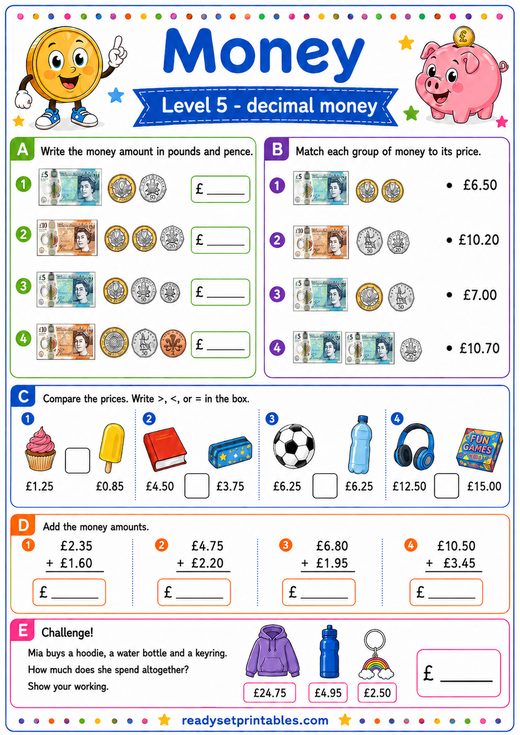 UK Money Decimals Worksheet — printable Money (UK Pounds) math worksheet