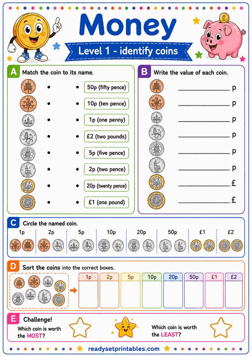 UK Money Identify Coins Worksheet — printable Money (UK Pounds) math worksheet